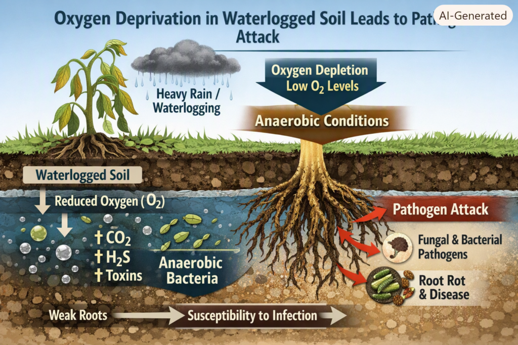 Diagram showing how saturated soil causes root oxygen deprivation and fungal pathogen growth