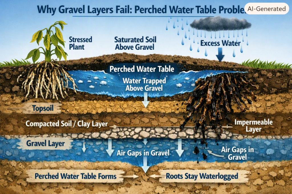 Perched water table diagram showing why gravel layers fail