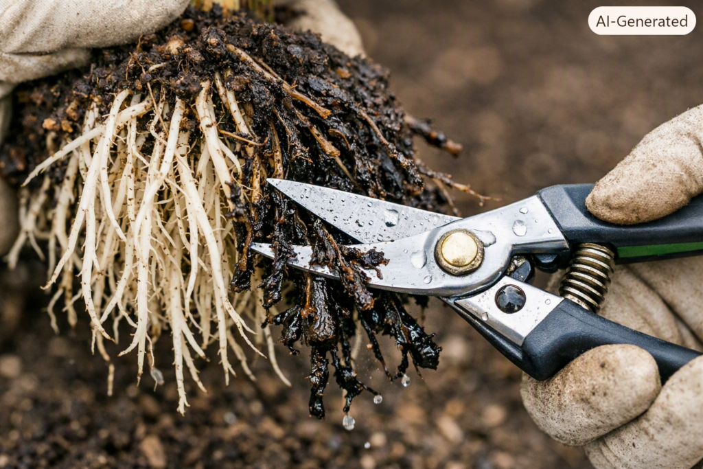 Pruning shears trimming rotten dark roots from a tropical plant root system