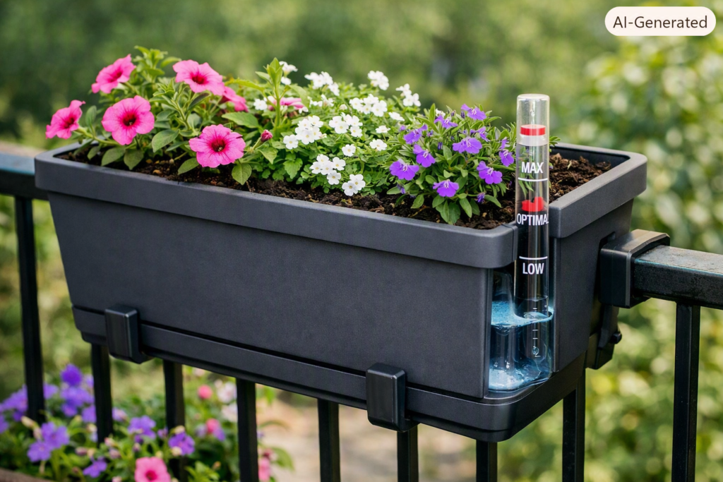 Self-watering resin railing planter with built-in drainage tray for apartment balconies.