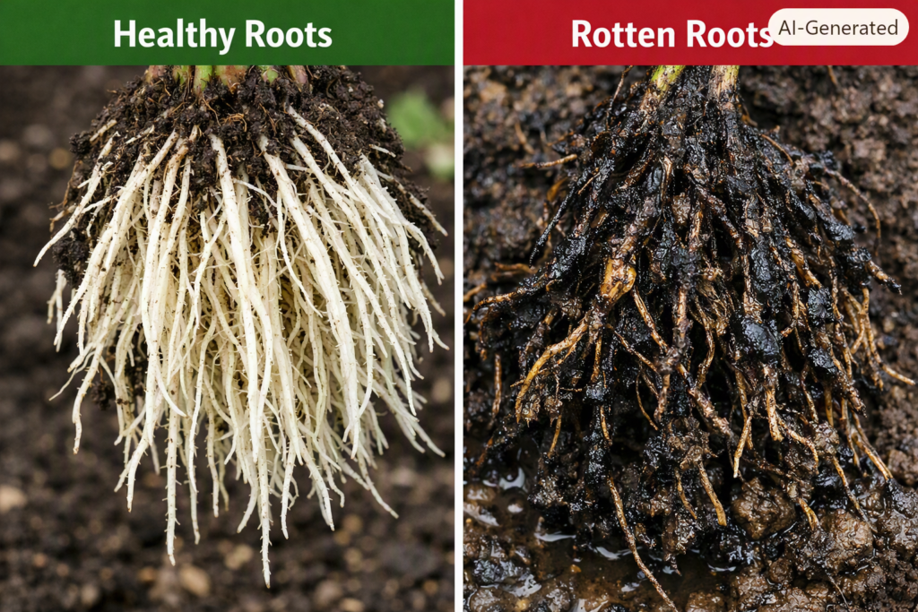 Comparison of healthy firm white plant roots next to dark brown mushy rotten roots