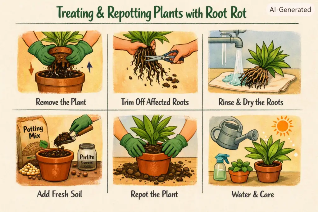 Healthy white/firm roots vs. dark mushy root rot