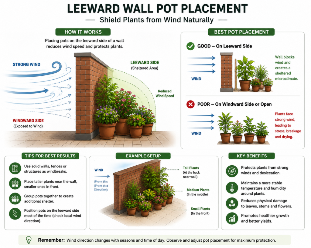 Diagram showing leeward wall pot placement to shield plants from wind