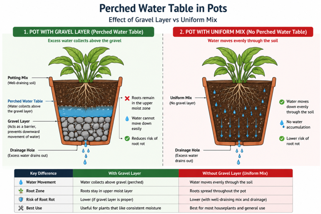Diagram comparing perched water table in pots with gravel vs uniform mix
