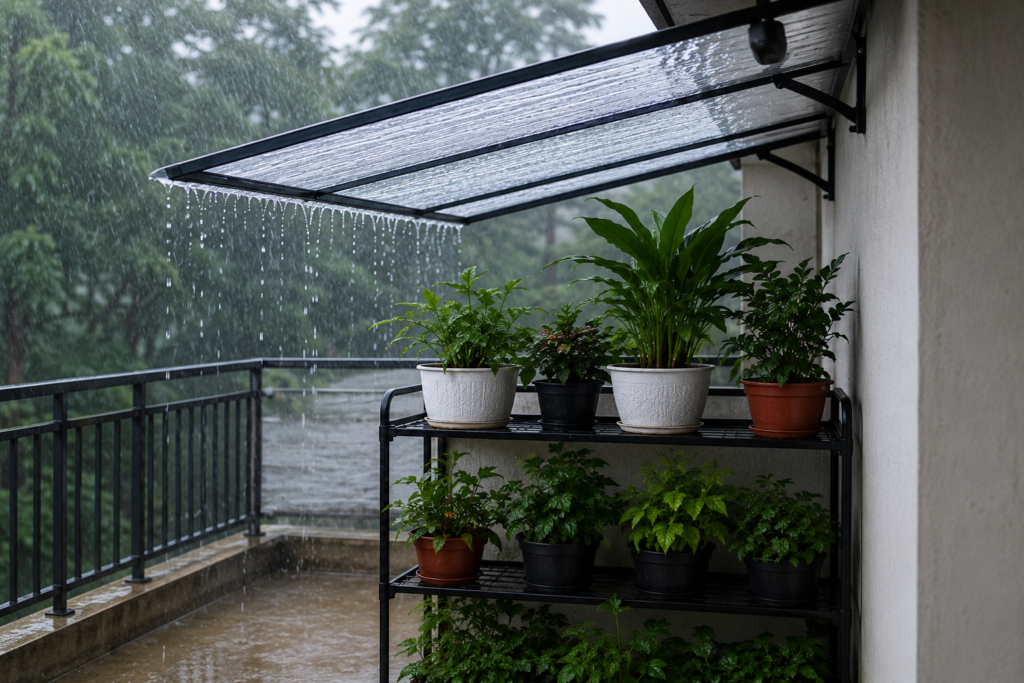 Rainy Balcony Garden Under Clear Awning